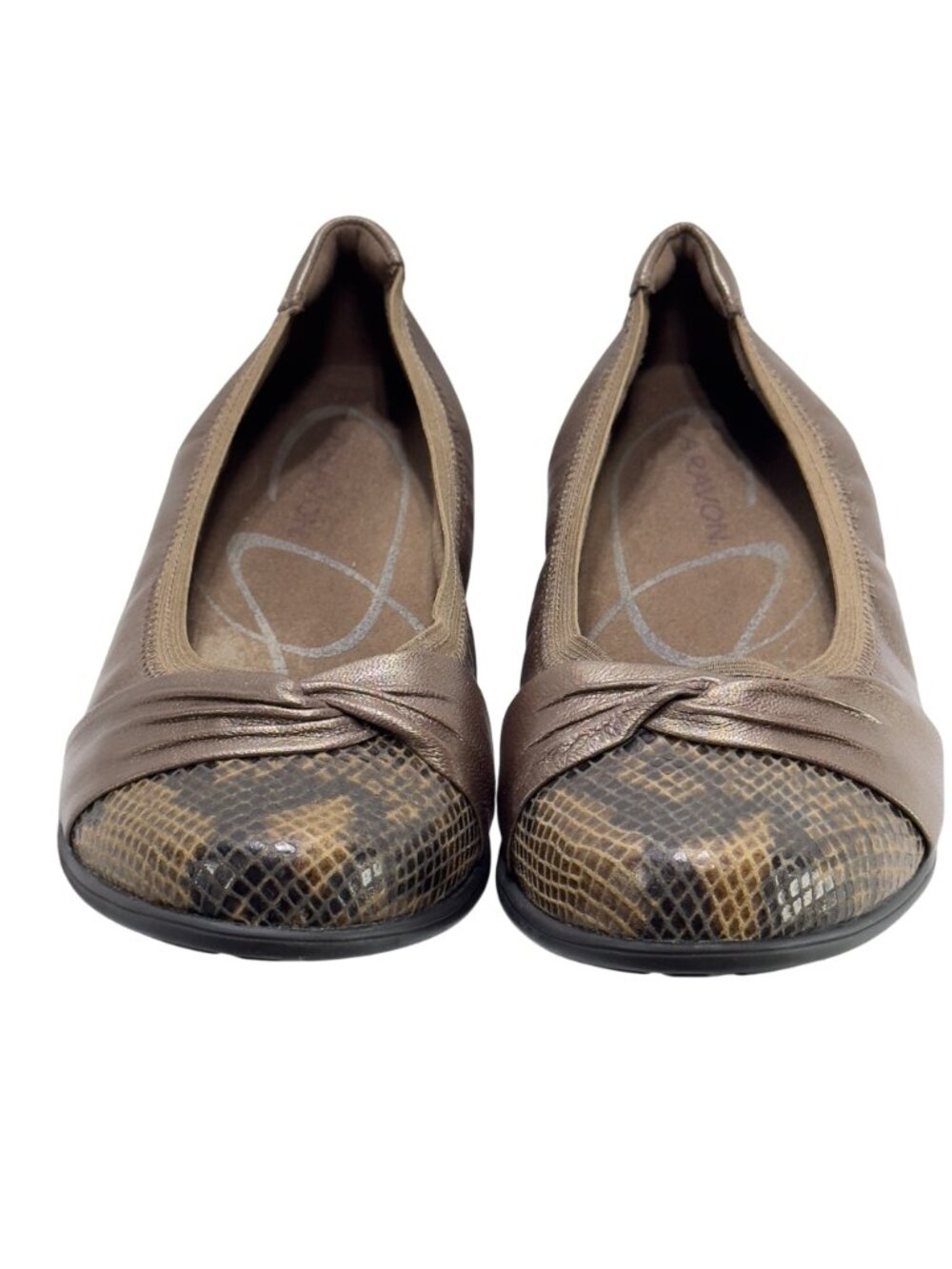 ARAVON Womens Brown Metallic Leather Flats Snake Print Toe Cap Cushioned Size 8M - Picture 2 of 11